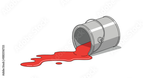 Isometric illustration of a tipped-over metal paint can with bright red paint spilling out onto a white surface.