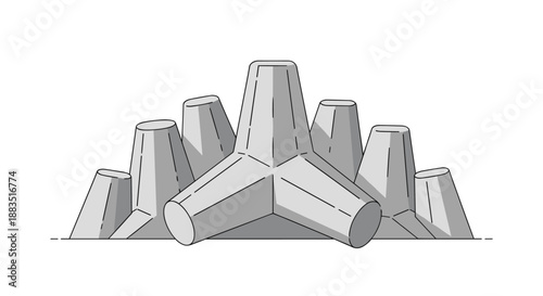 Line art illustration of several concrete tetrapods used as coastal engineering armor units for breakwaters and seawalls.