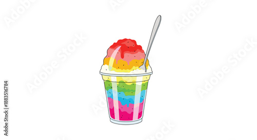 Colorful illustration of a rainbow shaved ice dessert in a plastic cup with a spoon, topped with red syrup.