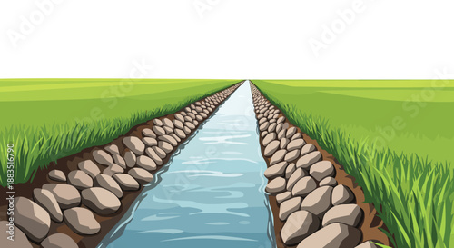 Scenic landscape illustration of a long, straight irrigation canal with stone-lined banks, flowing through lush green fields.