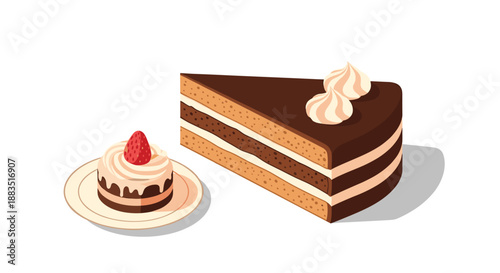 A delicious slice of layered chocolate cake with frosting and a separate small strawberry cupcake on a plate.