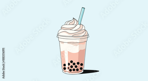 Refreshing cup of pink milk bubble tea with black tapioca pearls, topped with whipped cream and a straw.
