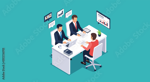 Isometric illustration of a job interview or business meeting with two interviewers and one candidate at an office desk.