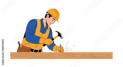 A skilled carpenter in a hard hat and tool belt carefully hammering a nail into a wooden plank with precision.