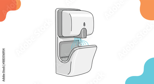 Illustration of a modern wall-mounted automatic hand dryer, blowing warm air to dry hands in a public restroom.