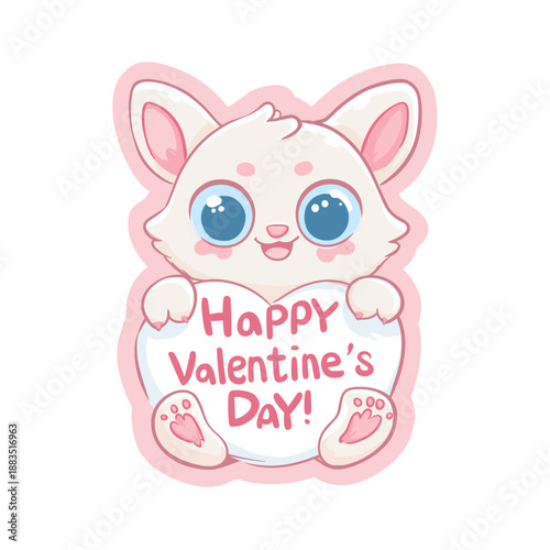 Cute cartoon animal holding a pink sign for Valentine's Day celebration. Cute big-eyed animal delivering Happy Valentine's Day message