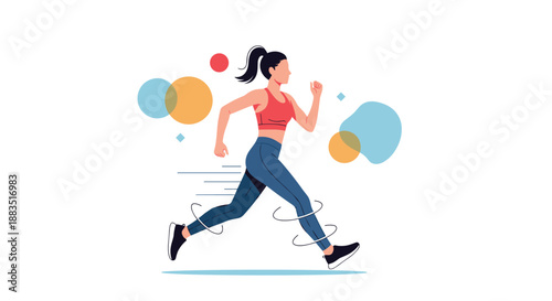 A dynamic illustration of a fit woman with a ponytail running or jogging, surrounded by abstract colorful shapes.
