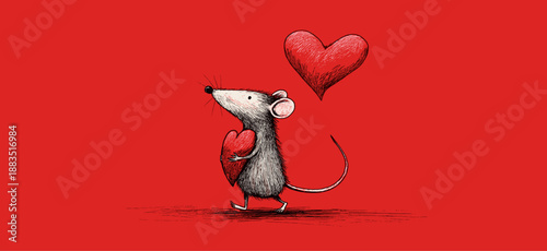 Cartoon gray rat running with a large red heart on a solid red background. Cute gray rat carrying red heart running