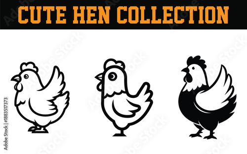 Cute hen collection with three different black and white chicken designs on white background  farm animal illustrations