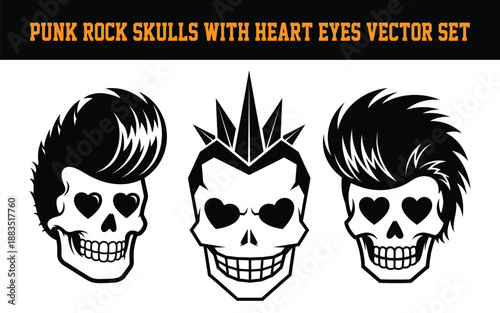 Punk rock skulls with heart eyes vector illustrations set of three different hairstyles on white background