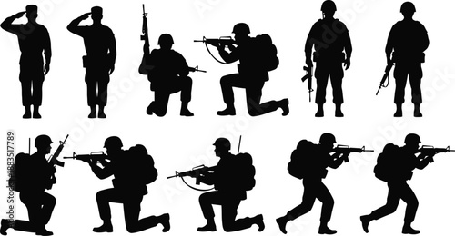 silhouette illustrations of soldiers in various military poses and actions