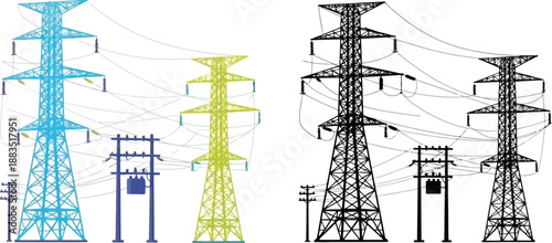 colorful power lines and electrical transmission towers illustration isolated on white