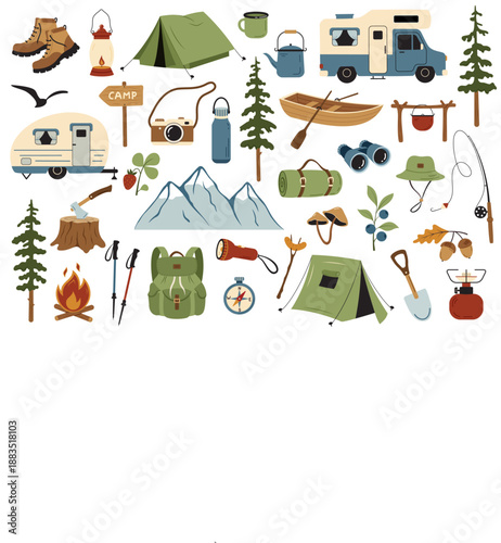 Flat vector camping element set with tent, camper van, backpack and outdoor gear, travel and eco lifestyle concept, perfect for design, template, banner and nature background.