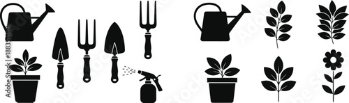 gardening tools and plants icons set in a simple black and white design