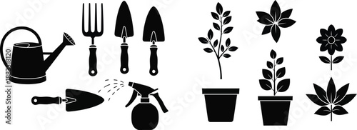 gardening tools and plants in silhouette design a collection of gardening elements
