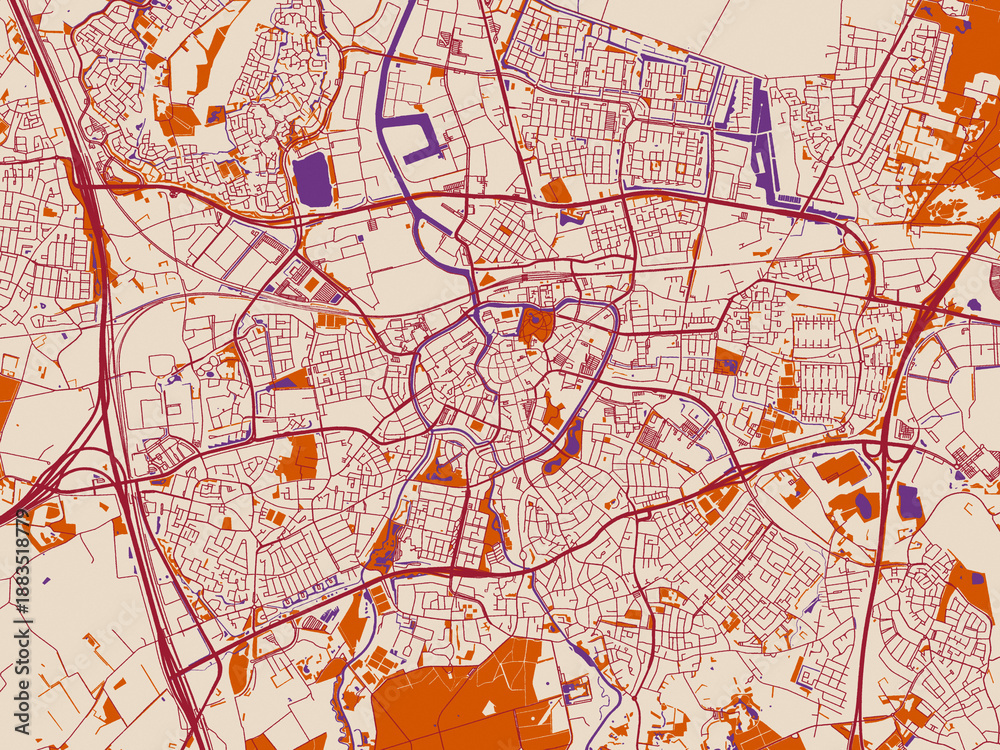 Obraz premium Street network map of Breda, Netherlands, muted violet water and terracotta