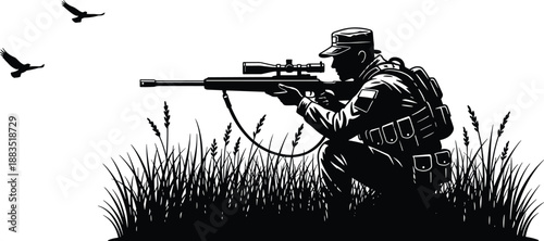 Military Sniper Silhouette Illustration with Soldier Aiming Rifle in Grassland Showing Tactical Combat, Warfare and Army Defense Concept