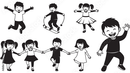 Group of happy diverse children playing and dancing together in cartoon style