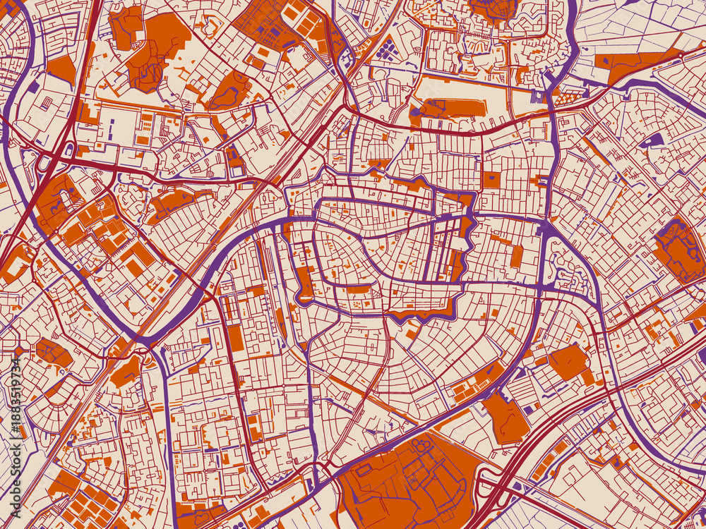 Obraz premium Urban map poster of Leiden, Netherlands – burgundy linework on cream