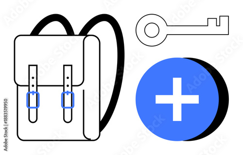 Security concept. Minimal elements including a backpack, key, and plus symbol emphasizing security in travel, personal items, and access. Security guides asset protection and logistics. Perfect