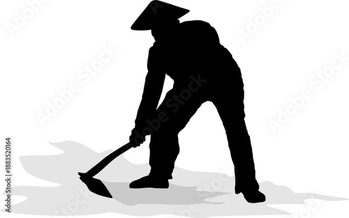 Vector image of a silhouette of a farmer hoeing in a field on a white background