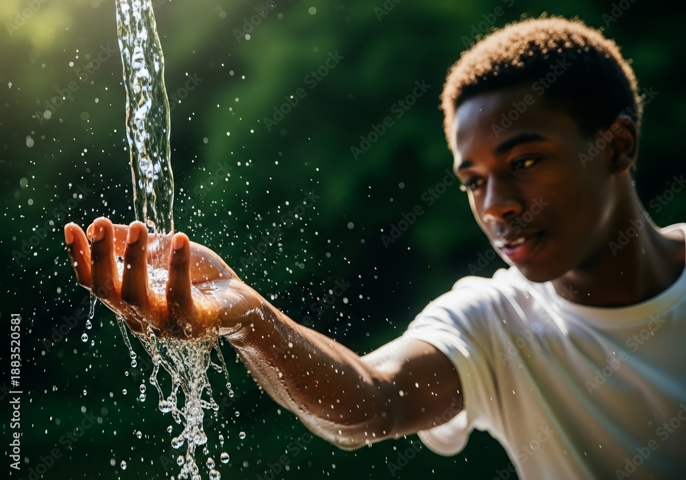 Fototapeta premium Young Black Man Catching Running Water, Outdoor Hydration Concept, Backlit Close-Up, Sparkling Droplets, Fresh Lifestyle, Green Bokeh Background Illustration