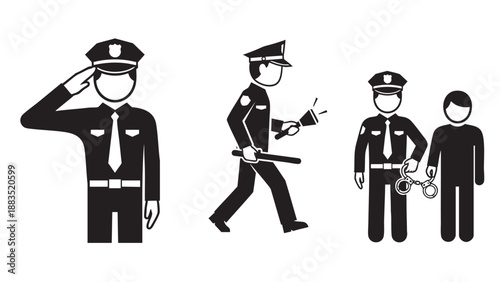 Set of police officers performing different law enforcement duties