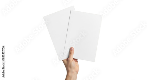 Hand holding two blank a4 white paper sheets for mock up presentation isolated on transparent background