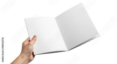 Hand holding open blank magazine brochure mockup for design presentation isolated on transparent background