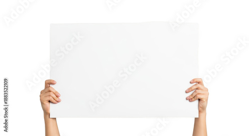 Hands holding blank white board for advertisement or message display isolated on transparent background