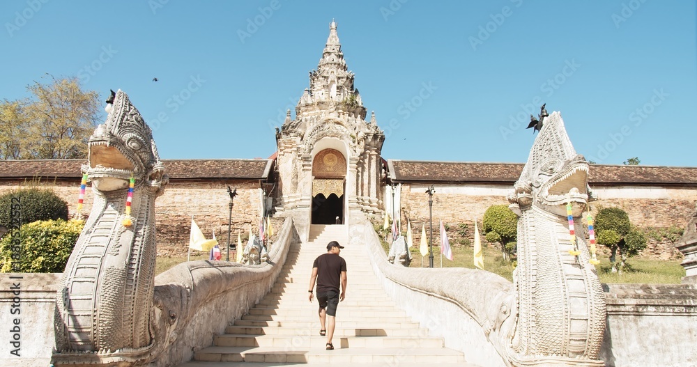 Obraz premium Young Asian man confidently ascending ornate naga-flanked steps towards a majestic Buddhist temple, embodying exploration, spirituality, and cultural discovery in Southeast Asia.