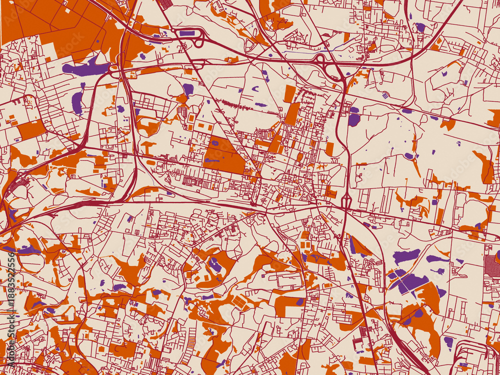 Obraz premium Urban map poster of Bytom, Poland with warm ivory base with deep wine street grid, clay-orange areas and dusky purple waterways