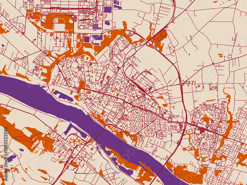 City map of Plock, Poland – muted violet water and terracotta