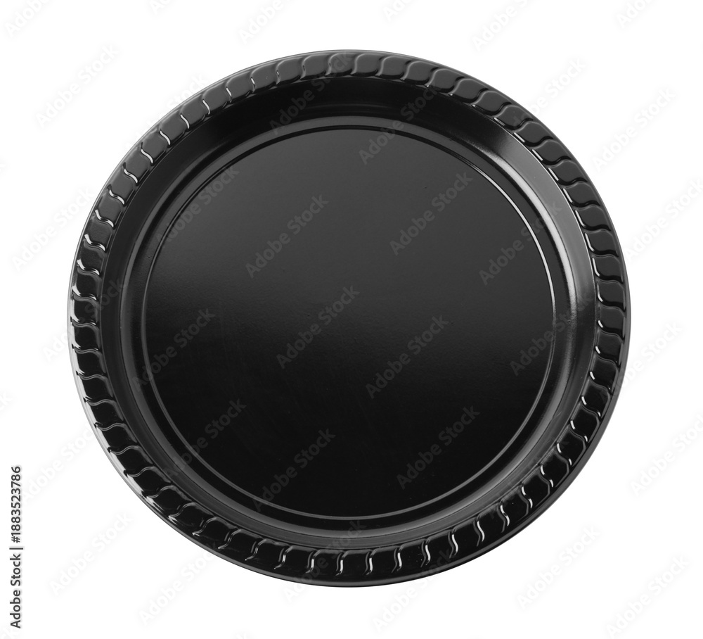 Naklejka premium One black plastic plate isolated on white, top view