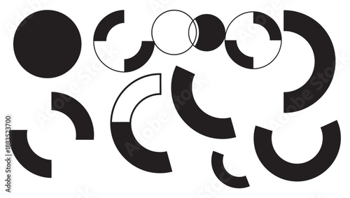 Abstract Circular Geometric Shapes Set - Minimalist Black Vector Arcs, Rings, and Semi-Circle Elements for Modern Graphic Design.