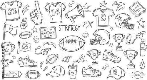 Hand-Drawn American Football Strategy, Game Day Gear, and Championship Doodles Icon Set