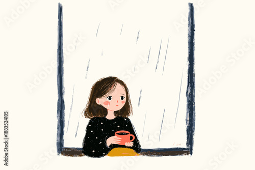 Pensive Woman Watching Rain Fall at a Window