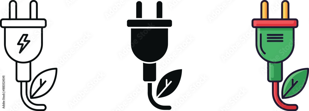 Naklejka premium Electric plug icons with leaf growing out of cord in black white and green colors on white background