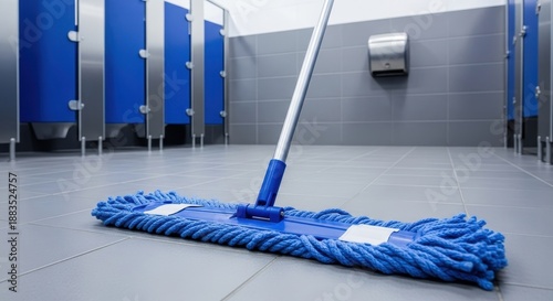 Blue flat mop cleaning the tiled floor in a public restroom with blue cubicles and a hand dryer
