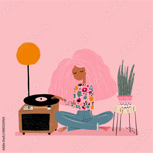 Retro Woman Listening to Vinyl Record on Turntable
