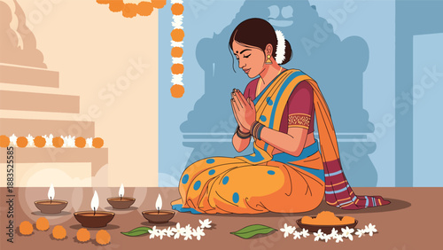 Vector illustration of an Indian woman wearing a traditional saree performing a cultural prayer ritual in a calm sacred space, expressing spirituality, devotion, and heritage in flat vector style