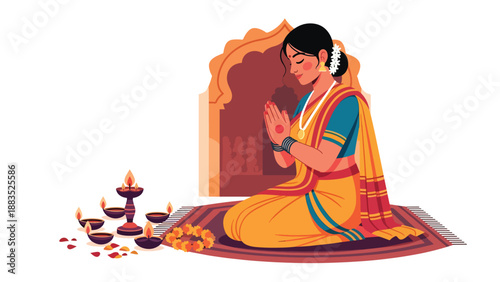 Vector illustration of an Indian woman wearing a traditional saree performing a cultural prayer ritual in a calm sacred space, expressing spirituality, devotion, and heritage in flat vector style