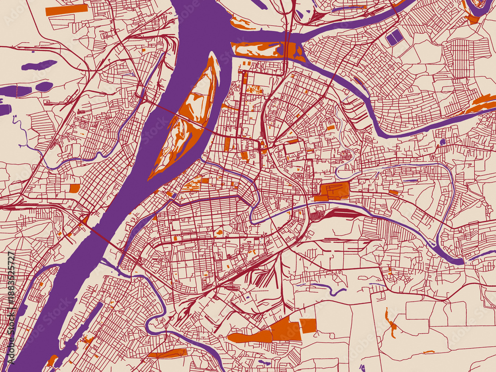 Naklejka premium Urban map poster of Astrakhan, Russian Federation with minimal cream city base with wine-red streets, terracotta accents and soft purple water areas
