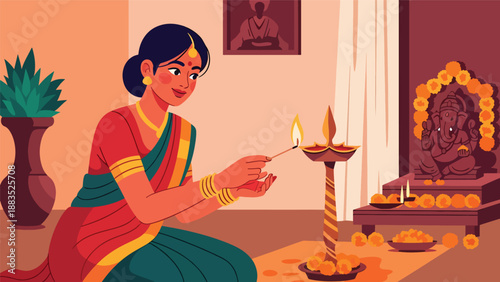 Vector illustration of an Indian woman in traditional attire lighting a ceremonial lamp, symbolizing spiritual devotion, cultural celebration, and religious tradition in a serene flat vector