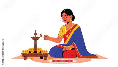 Vector illustration of an Indian woman in traditional attire lighting a ceremonial lamp, symbolizing spiritual devotion, cultural celebration, and religious tradition in a serene flat vector