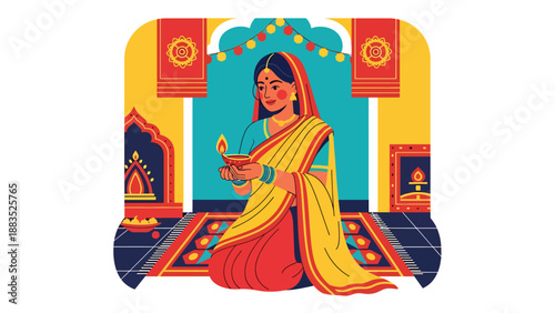 Vector illustration of an Indian woman in traditional attire lighting a ceremonial lamp, symbolizing spiritual devotion, cultural celebration, and religious tradition in a serene flat vector