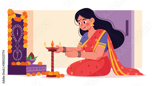 Vector illustration of an Indian woman in traditional attire lighting a ceremonial lamp, symbolizing spiritual devotion, cultural celebration, and religious tradition in a serene flat vector