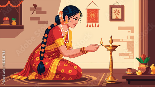 Vector illustration of an Indian woman in traditional attire lighting a ceremonial lamp, symbolizing spiritual devotion, cultural celebration, and religious tradition in a serene flat vector