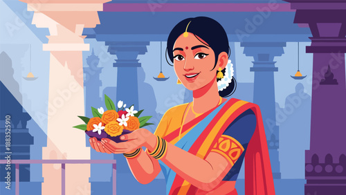 Vector illustration of an Indian woman wearing a saree offering flowers during a religious ceremony, representing faith, respect, and cultural spirituality in a clean flat vector style