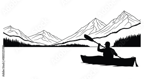 a black and white illustration depicts a kayaker paddling on a calm lake with mountains in the background